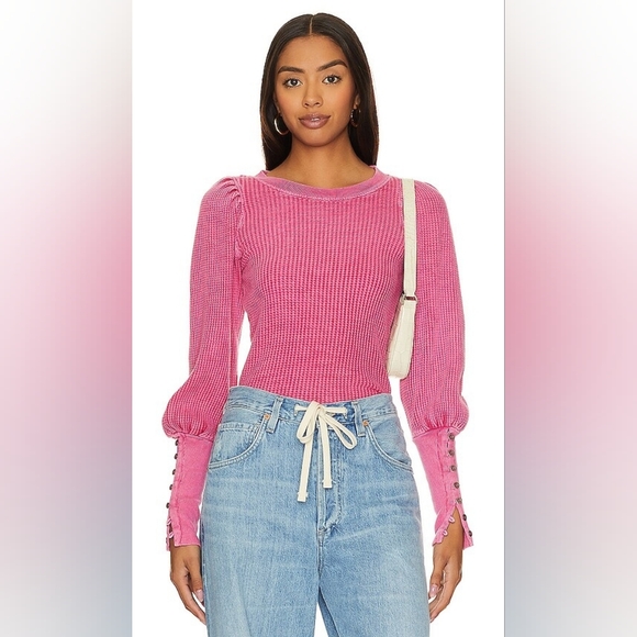 Free People FP One Pink Waffle Knit Thermal Top M Boho Chic Coquette Girl Y2K - Picture 16 of 16